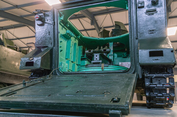 Armored personnel carrier. The rear ramp of the armored personnel carrier for landing soldiers. A place to place soldiers. Outdated armament of the army.