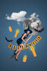 Vertical collage of witch wizard girl fly broomstick bats carry halloween flags isolated on moon clouds sky night background