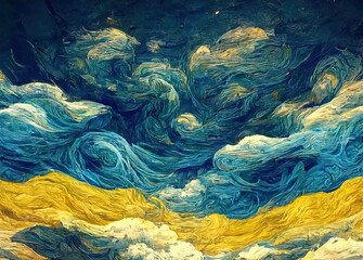 Abstract background as surreal illustration of cloudscape above city in style of oil paintings of Van Gogh, blue white and yellow clouds swirls - 527808860
