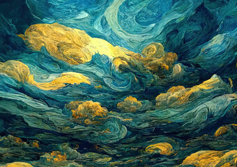 Abstract background as surreal illustration of cloudscape above city in style of oil paintings of Van Gogh, blue white and yellow clouds swirls - 527808861