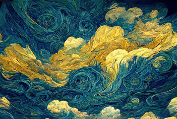 Abstract background as surreal illustration of cloudscape above city in style of oil paintings of Van Gogh, blue white and yellow clouds swirls - 527808862