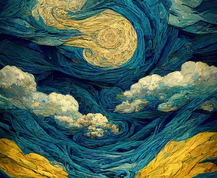 Abstract background as surreal illustration of cloudscape above city in style of oil paintings of Van Gogh, blue white and yellow clouds swirls