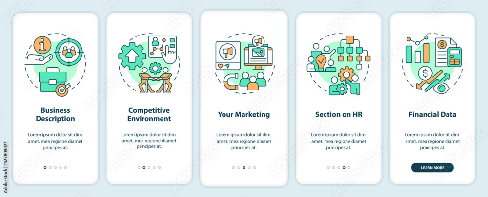 Poster advantages of business planning onboarding mobile app screen. walkthrough 5 steps editable graphic i