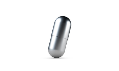 Steel shiny pill isolated on a white background. 3d render illustration