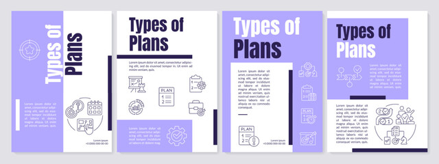 Types of planning purple brochure template. Business strategy. Leaflet design with linear icons. Editable 4 vector layouts for presentation, annual reports. Anton, Lato-Regular fonts used
