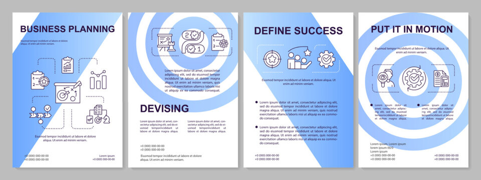 Business planning blue gardient brochure template. Enterprise development. Leaflet design with linear icons. 4 vector layouts for presentation, annual reports. Arial, Myriad Pro-Regular fonts used