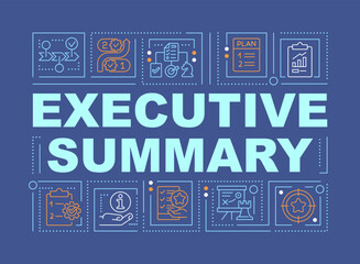 Executive summary word concepts dark blue banner. Short business plan. Infographics with editable icons on color background. Isolated typography. Vector illustration with text. Arial-Black font used