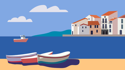 Mediterranean landscape with white town and boats - 527809864
