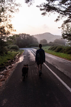 Woman walking with dog in nature