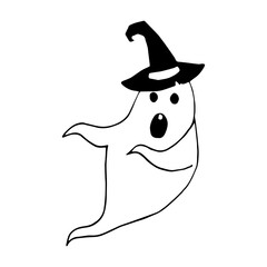 Hand drawn doodle ghost in witch hat. Vector cute and funny spirit. Outline.