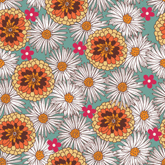Retro Boho Hippie Floral Vector Seamless Pattern