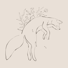 Composition of line art fox with floral. Vector illustration.