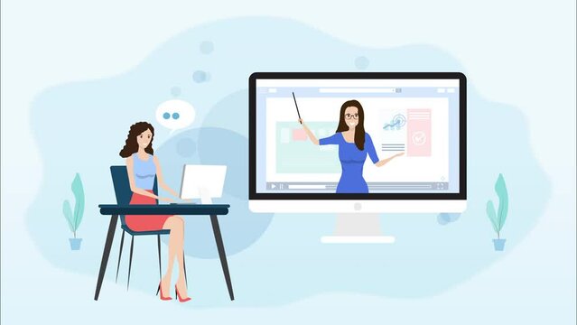2D Motion graphics, Animation, e-learning online education, home study. Woman watching online course, web course or lesson concept.