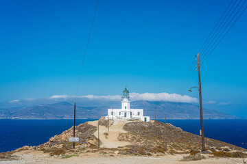 Armenistis Lighthouse, in Mykonos, Aegean Sea, Greece.