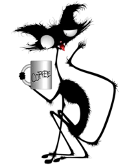 Fototapete Zeichnung Katze Kaffeezeit mit Becher Lustige aufgeregte Zeichentrickfigur isoliert auf transparentem Hintergrund
