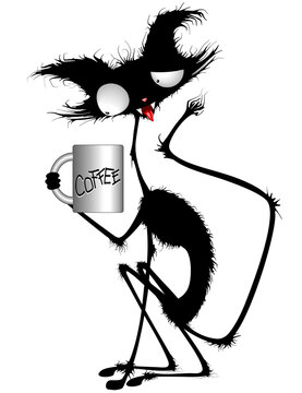 Cat Coffe Time with Mug Funny excited Cartoon Character isolated on transparent background