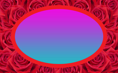 pink and blue oval on red frame on red roses flower background, card, name card, banner, template, decor, copy space