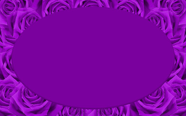 purple oval frame on on stacked purple roses background, card, name card, banner, template, copy space