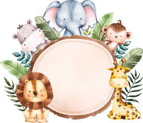 Watercolor Illustration Safari Animal Frame template - obrazy, fototapety, plakaty