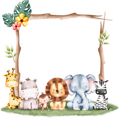 Watercolor Illustration Safari Animal Frame template