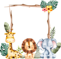 Watercolor Illustration Safari Animal Frame template © Stella