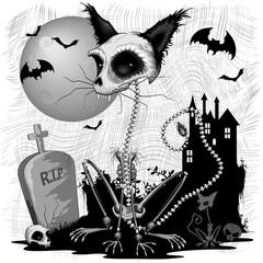 Kat Halloween Zombie skelet griezelig karakter met vleermuizen, volle maan en een spookheks kasteel - illustratie op transparante achtergrond