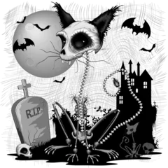 Photo sur Plexiglas Dessiner Cat Halloween Zombie Skeleton Creepy Character avec des chauves-souris, la pleine lune et un château de sorcière hanté - illustration sur fond transparent