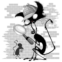 Kat Sherlock Holmes parodie met vergrootglas grappig karakter met muis schaduw op de muur - illustratie geïsoleerd op transparante achtergrond