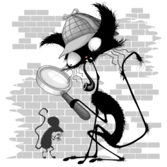 Photo sur Plexiglas Dessiner Parodie de chat Sherlock Holmes avec loupe Personnage drôle avec ombre de souris sur le mur - illustration isolée sur fond transparent