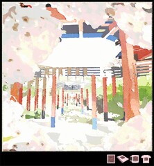 Hand drawn painting of Japanese garden and temple – bright background, fine artwork, oriental motif, watercolors. For design of postcards, posters, banners, prints on t-shirts, covers, mugs, pillows.