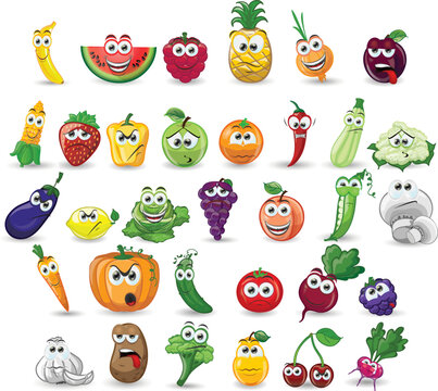 Big fruts and vegetable nuts set. Illustration fruts and vegetable. Funny vegetable face isolated on white background. Healthy fruit doodle illustration. Happy food characters.