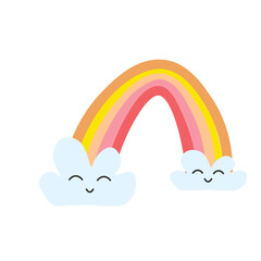 Multicolored rainbow with clouds. Cheerful childish kawaii style. Vector illustration. Use for clothing, web pages and websites, postcards and packaging, birthday and baby shower, gender party.