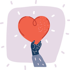 Vector illustration of Hands donate hearts. Charity, volunteer and community help symbol with hand gives heart. People share love. Valentines day concept. Give sign red heart, like concept