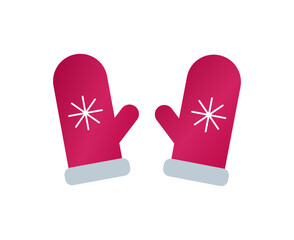Christmas Santa Mittens flat style icon isolated on white background. Red winter pair of mittens with fur wool and snowflake embroidery. Traditional winter holiday clothing. Flat vector illustration.