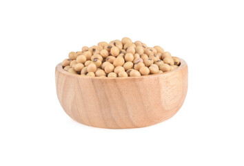Soy beans seed in wooden bowl isolated on white background.