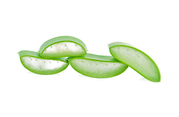 Aloe vera fresh leaves with slices on white background.