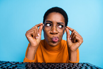 Close-up photo of funky funny grumpy face of businesswoman thinking new project strategy isolated...