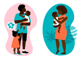 Beautiful black mother and father with siblings. Happy african american  family leisure. The relationship between children and parents. 