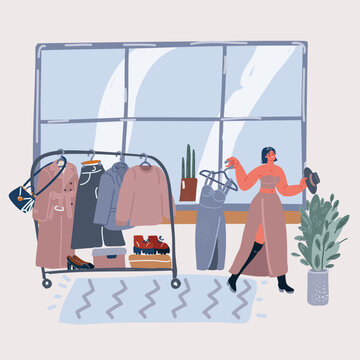 Vector Illustration Of Wrong Size Of Shoes. Woman Is Trying On A New Closes In Boutiq Or Market