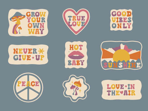 Aesthetics of the seventies, fun groovy sticker pack. Motivational popular phrases: Grow your own way, Good vibes only, Never give up, Love in the air, True love, Hot baby