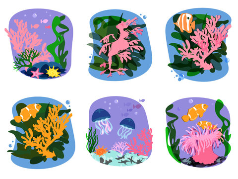 CORAL REEF collection of prints with coral fish, marine animals, algae, seahorse, starfish with a sea mood, travel and leisure. Vector illustration bundle
