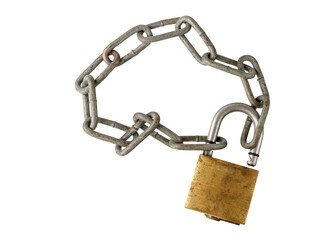 Open scratched brass padlock with old chain isolated on white background