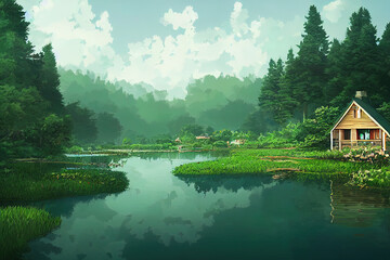 Fototapeta premium House near a lake. Calm, peaceful wooden house in nature. Beautiful digital painting, atmospheric, happy, relaxing feeling. Small cabin, lodge in the woods.