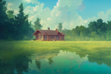 House near a lake. Calm, peaceful wooden house in nature. Beautiful digital painting, atmospheric, happy, relaxing feeling. Small cabin, lodge in the woods. - obrazy, fototapety, plakaty