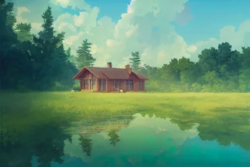 Foto auf Glas House near a lake. Calm, peaceful wooden house in nature. Beautiful digital painting, atmospheric, happy, relaxing feeling. Small cabin, lodge in the woods. © Fortis Design