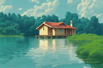 Naklejka premium House near a lake. Calm, peaceful wooden house in nature. Beautiful digital painting, atmospheric, happy, relaxing feeling. Small cabin, lodge in the woods.