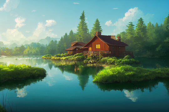 House near a lake. Calm, peaceful wooden house in nature. Beautiful digital painting, atmospheric, happy, relaxing feeling. Small cabin, lodge in the woods.