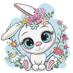 Cartoon White Rabbit with flowers and branches