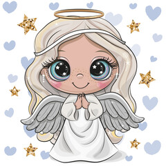 Cartoon Christmas angel on a hearts background