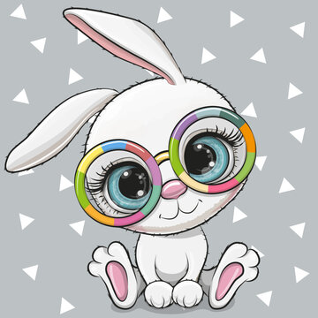 Cartoon white Rabbit in multicolored glasses on a gray background